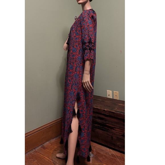 ROLLER RABBIT Red/Blue Floral Kurta Maxi KAFTAN/DRESS w/Tassels/Soutache Braid - Picture 7 of 8